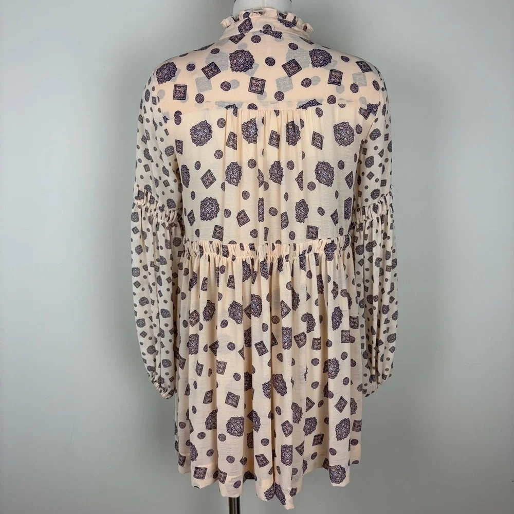 Free People Turn Turn Mini Button Front Dress Sz XS Cream Purple Print Boho Chic